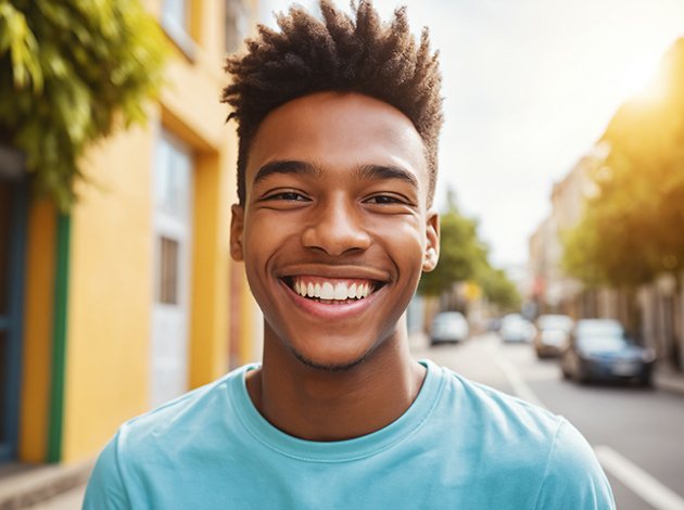 Smiling teen boy standing outside