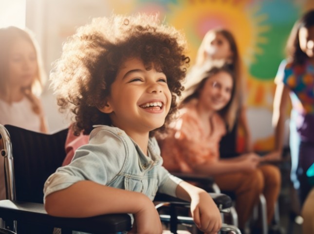 Young boy in wheelchair grinning